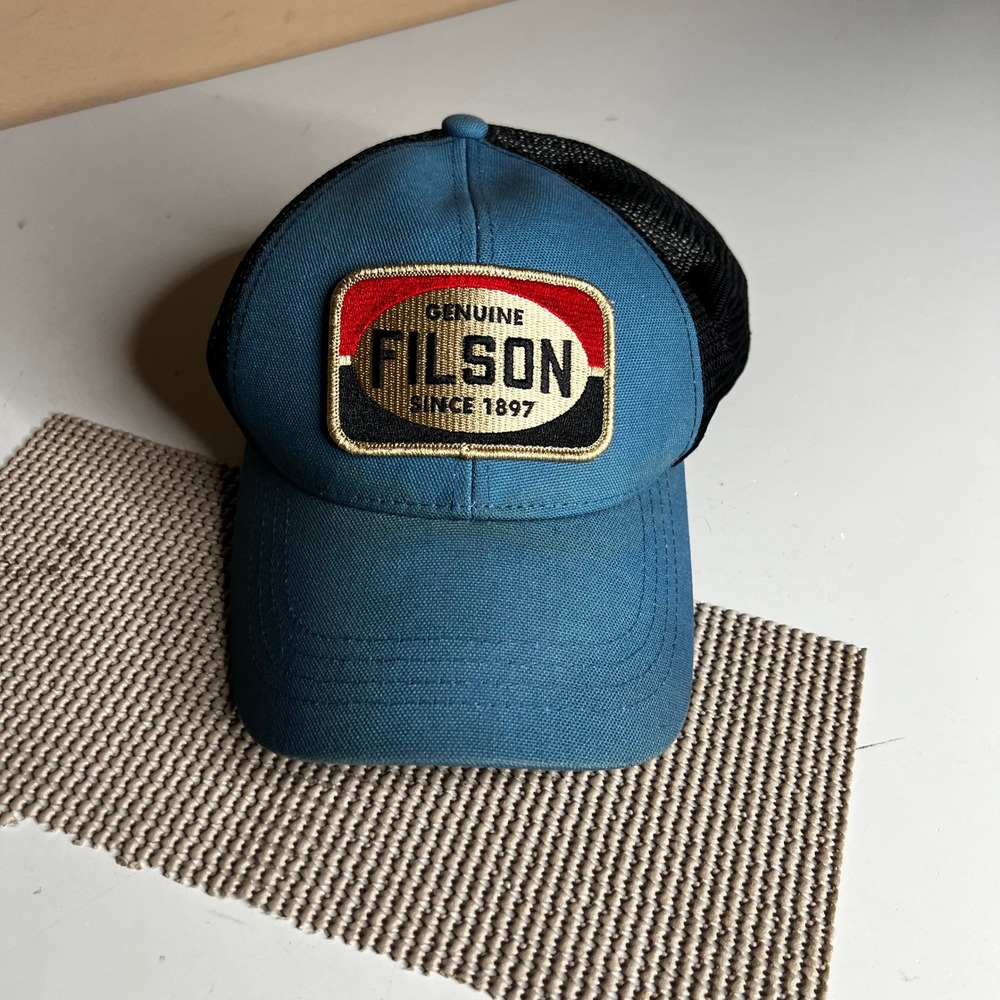 Filson Logger Mesh Cap Blue Black Trucker Hat Snapback Genuine Patch 1897